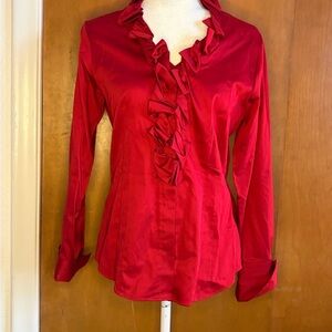 Antonio Melani Red Ruffle Front Blouse Size S Satin Button Up Top